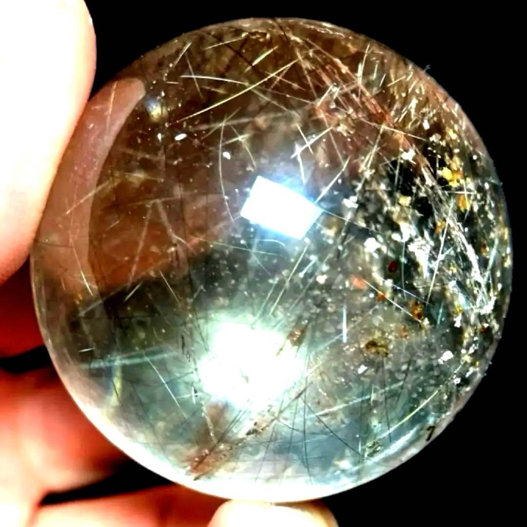 46mm ゴールドルチルクォーツ　丸玉　スフィア　金針水晶