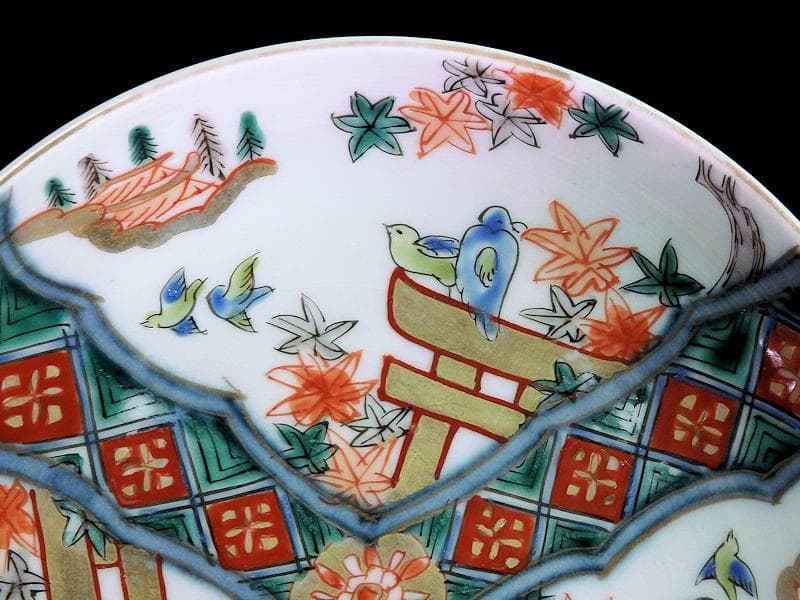 古伊万里　金襴手　紅葉に鳥居　花鳥紋の図　５寸皿　３枚　E549AS-COc
