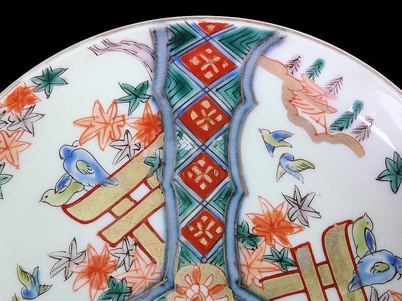 古伊万里　金襴手　紅葉に鳥居　花鳥紋の図　５寸皿　３枚　E549AS-COc