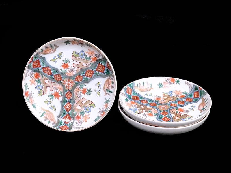 古伊万里　金襴手　紅葉に鳥居　花鳥紋の図　５寸皿　３枚　E549AS-COc