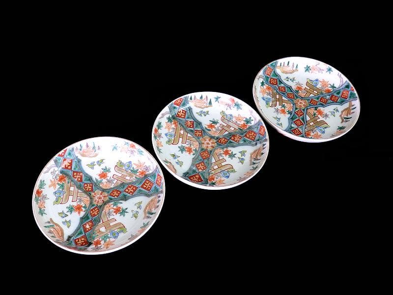 古伊万里　金襴手　紅葉に鳥居　花鳥紋の図　５寸皿　３枚　E549AS-COc