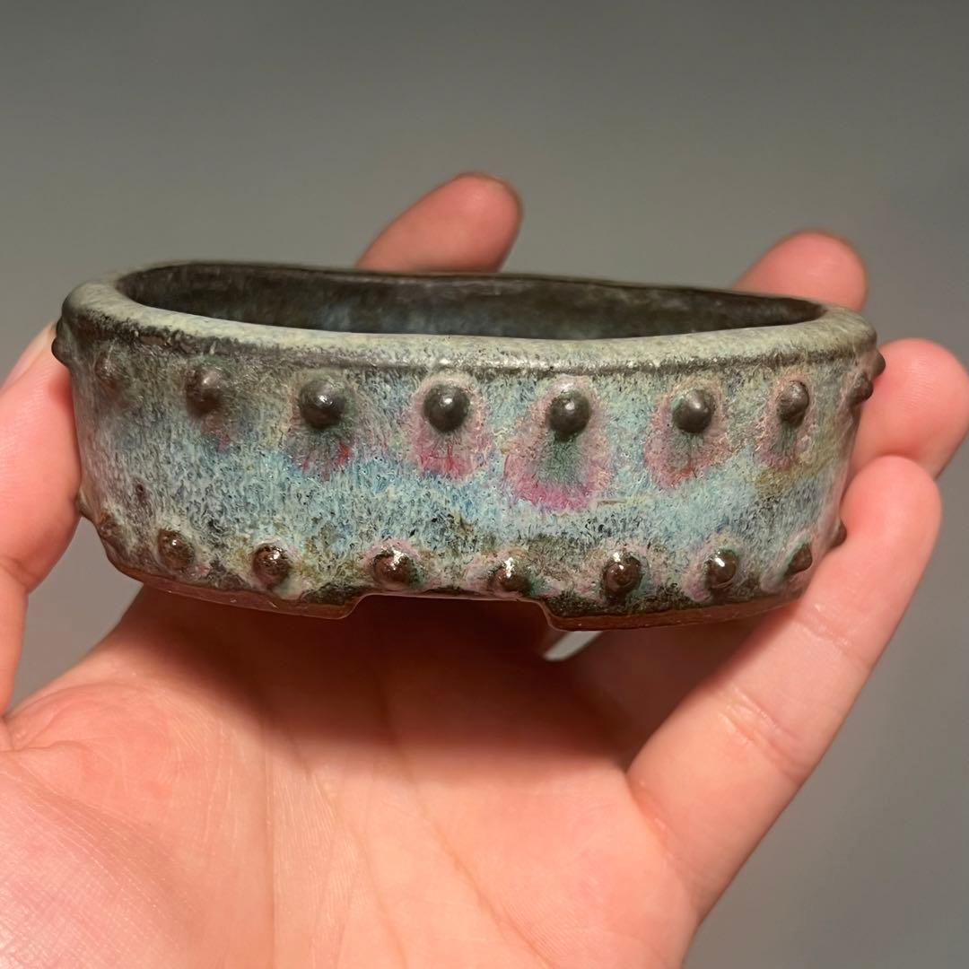 767.暁雲 鼓釘楕円 盆栽鉢 植木鉢 9.4*6.6*3.2cm