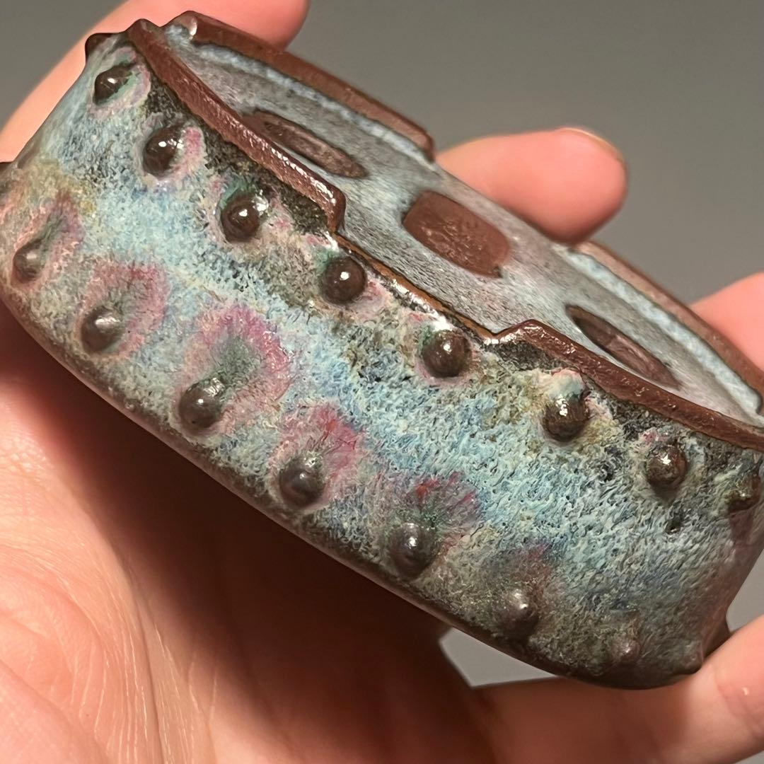 767.暁雲 鼓釘楕円 盆栽鉢 植木鉢 9.4*6.6*3.2cm