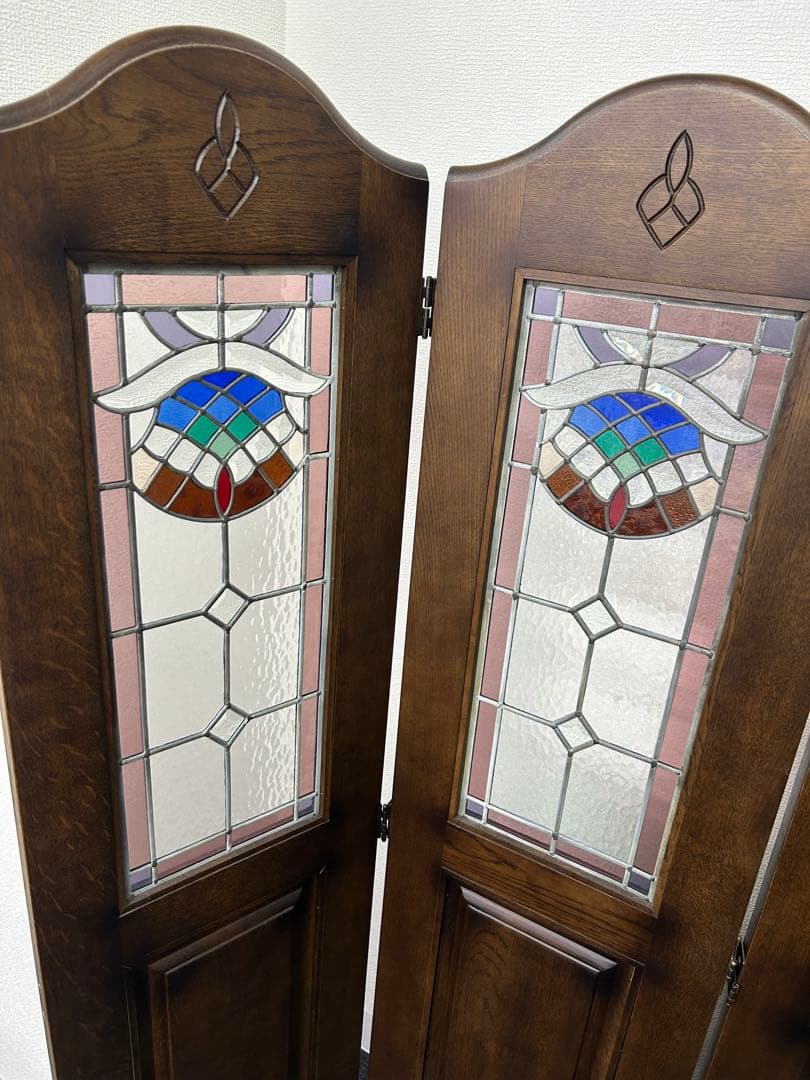 【引き取り限定】ステンドグラス 4連パーテーション アンティーク調 美品