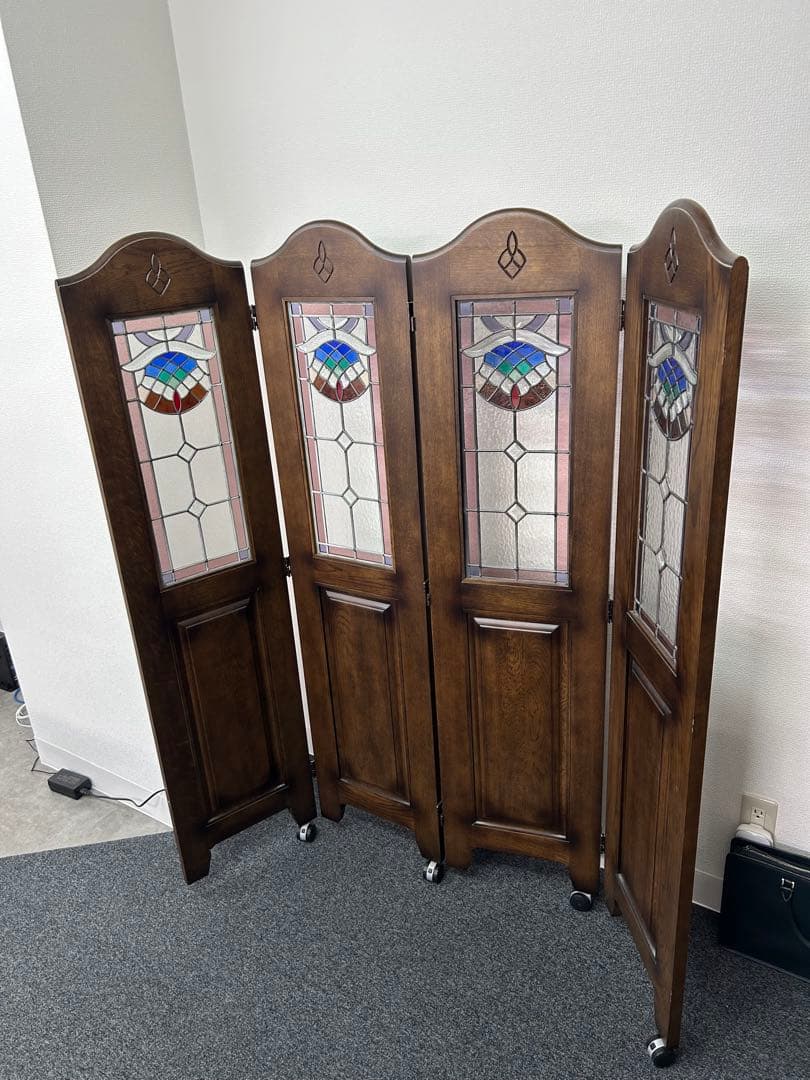 【引き取り限定】ステンドグラス 4連パーテーション アンティーク調 美品