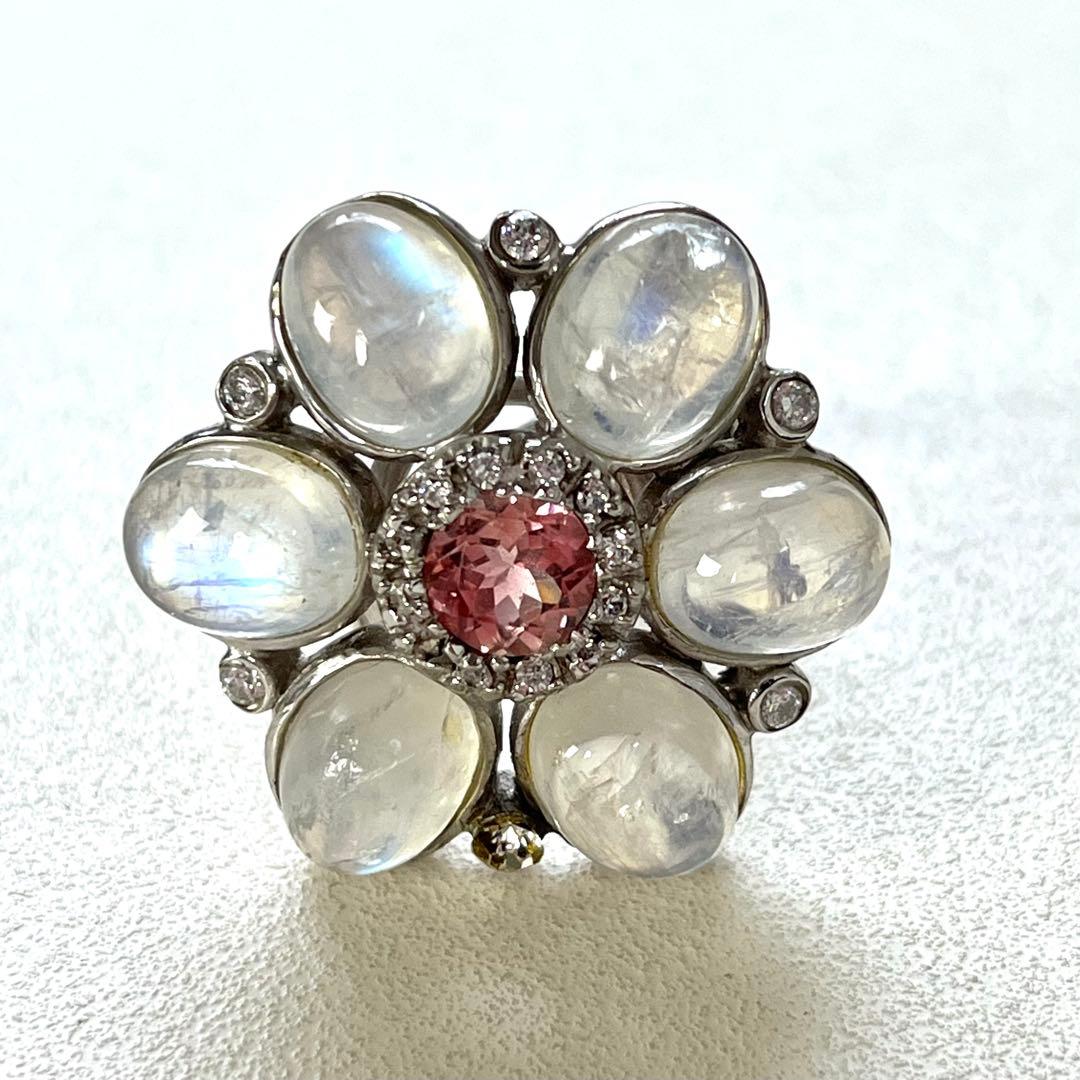 ブルームーンストーン&ピンクトルマリン&CZ 花型 リング 925刻印
