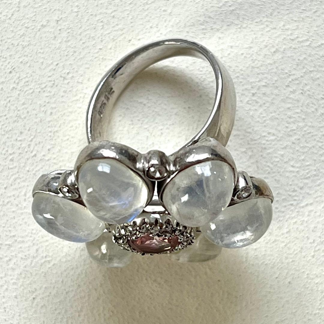 ブルームーンストーン&ピンクトルマリン&CZ 花型 リング 925刻印