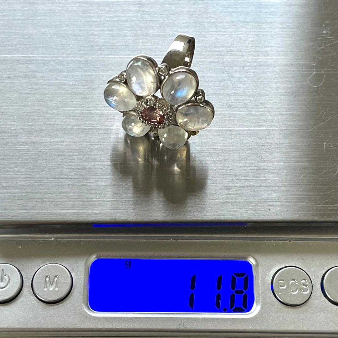 ブルームーンストーン&ピンクトルマリン&CZ 花型 リング 925刻印