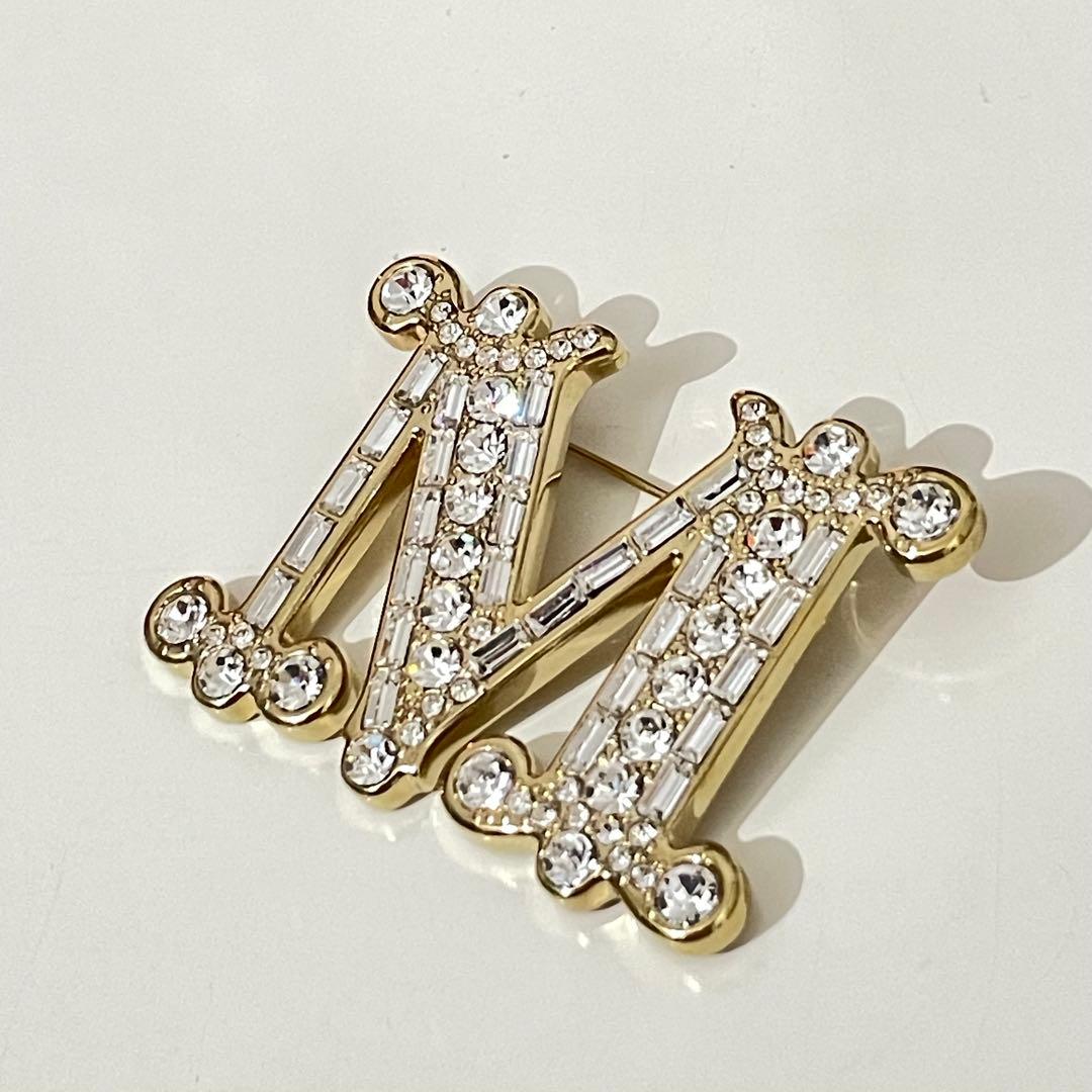 Max mara 訳あり③ 定番 クリスタル x ゴールド　ブローチ
