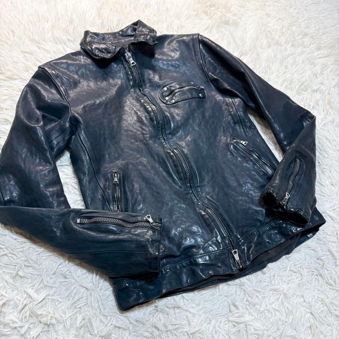 希少 バックラッシュ ドイツカーフ シングルライダースジャケット　ネイビー
