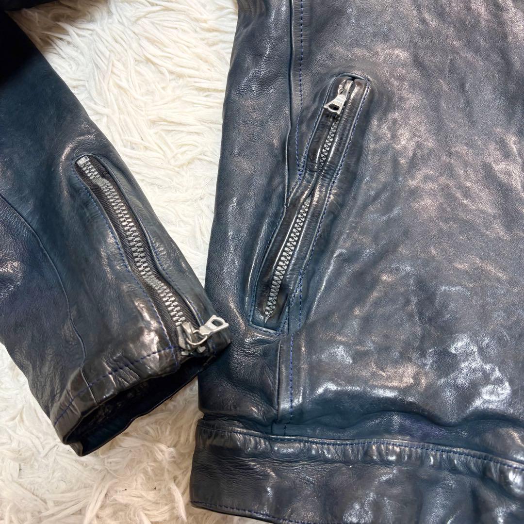 希少 バックラッシュ ドイツカーフ シングルライダースジャケット　ネイビー
