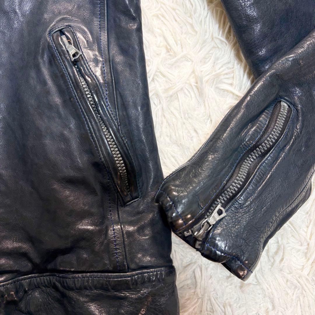 希少 バックラッシュ ドイツカーフ シングルライダースジャケット　ネイビー