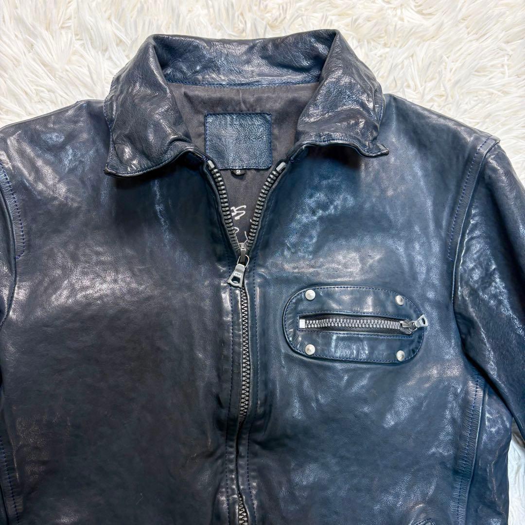 希少 バックラッシュ ドイツカーフ シングルライダースジャケット　ネイビー