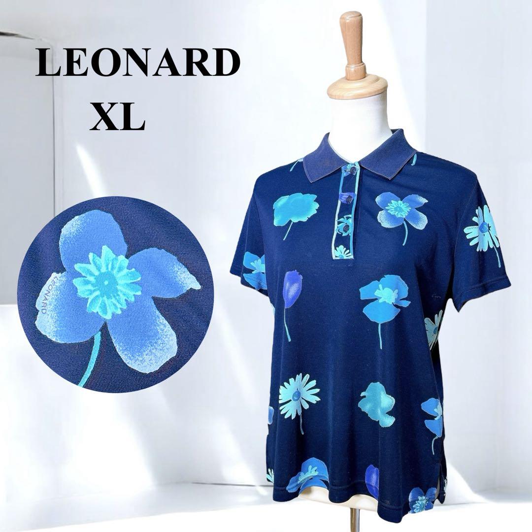 レオナール（XL）ポロシャツ/半袖/スポーツウェア /花柄/ゴルフ/トップス/紺