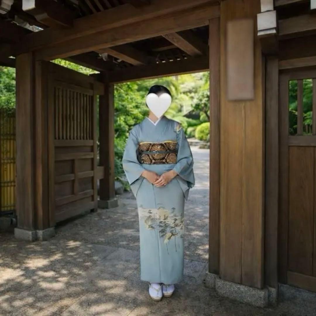 k*e様 【上質付け下げ】鶴文様・淡青グレー／美品／身丈165 裄68／品のある