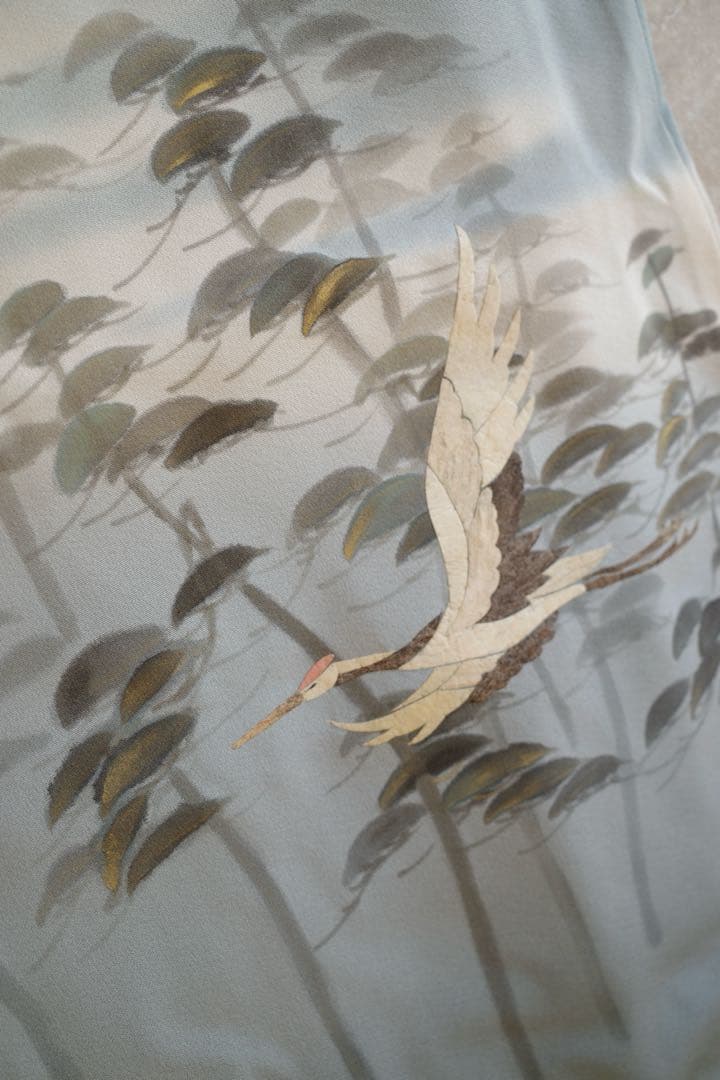 k*e様 【上質付け下げ】鶴文様・淡青グレー／美品／身丈165 裄68／品のある