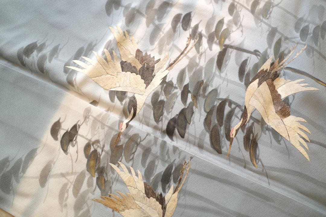 k*e様 【上質付け下げ】鶴文様・淡青グレー／美品／身丈165 裄68／品のある