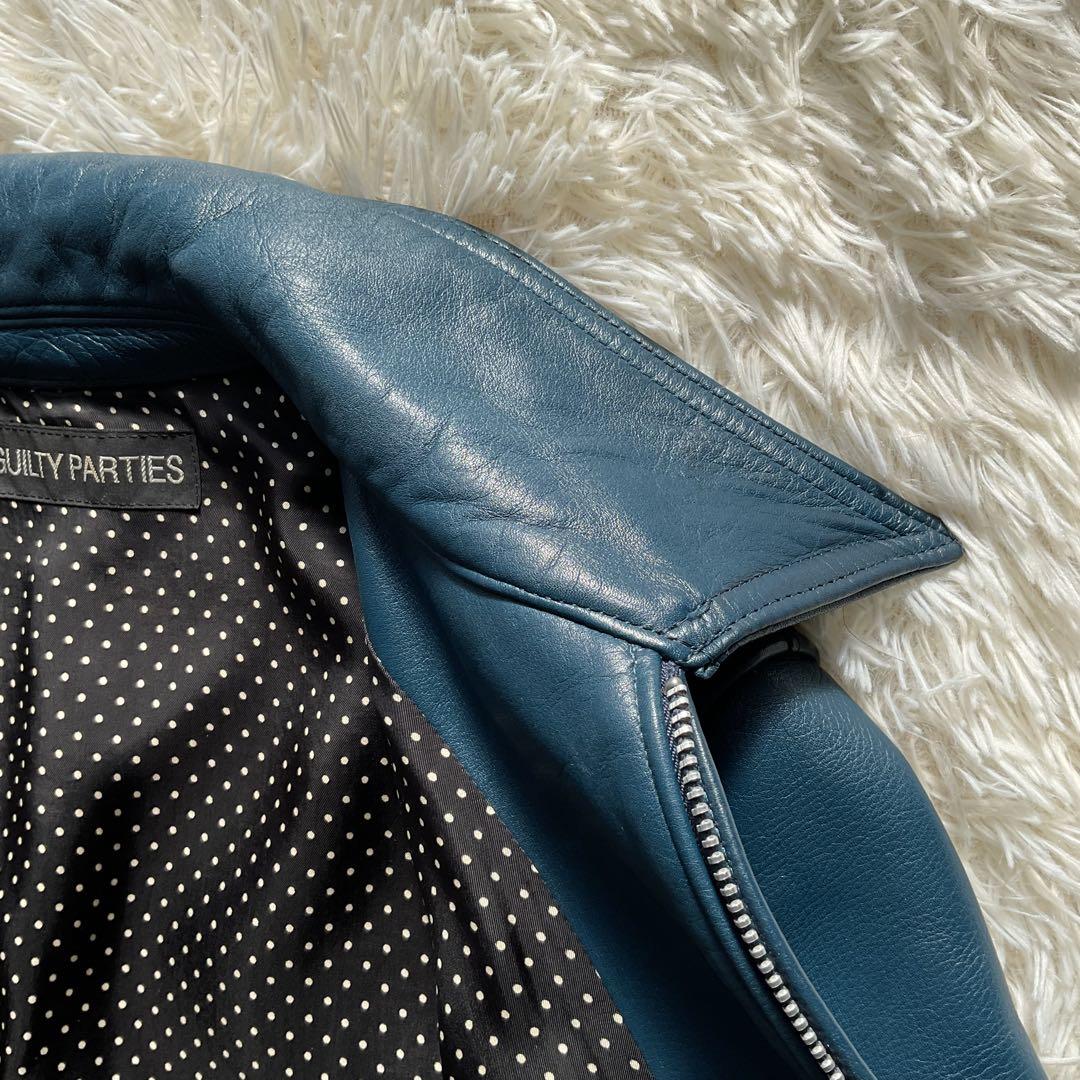 未使用級✨ワコマリア　レザージャケット　シングルライダース　ブルー　水玉柄　M