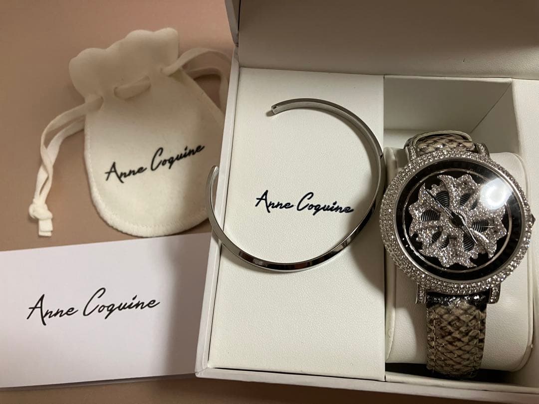 【美品】Anne Coquine パイソン柄ミニクロスウォッチ バングルセット