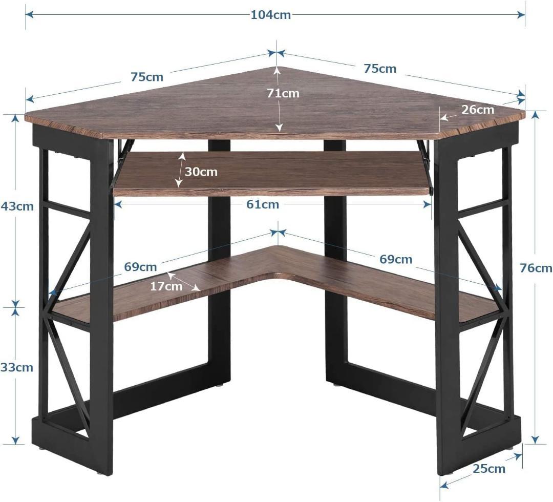 コンパクトデザインの頑丈な三角デスク - ラックとキーボードトレイ付き、A4対応