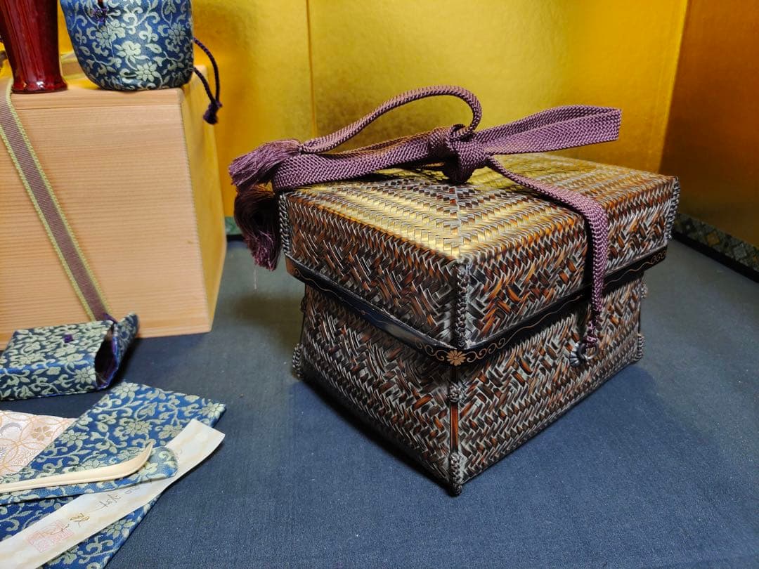 島田竹宝斎　竹工芸作家　竹編御所籠一式揃　茶箱　高級茶籠　茶道具　点前道具　共箱