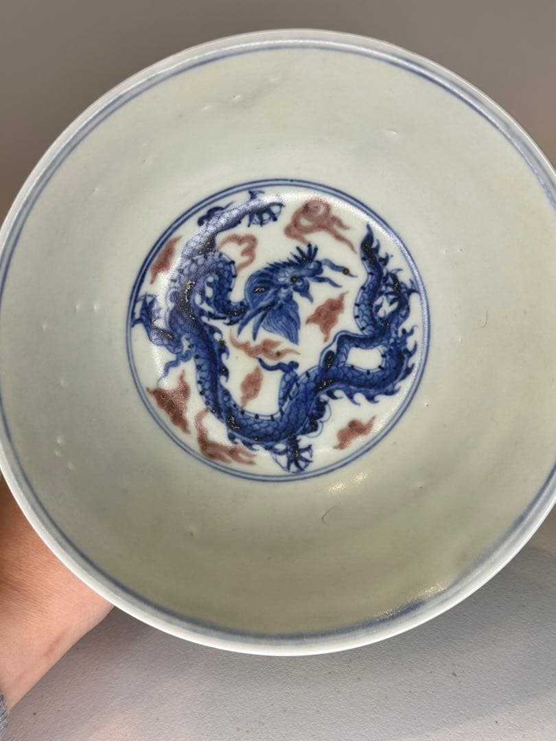 大明宣徳年製底款 高台高杯 青花染付 二龍戯珠文 瑞雲文 果子器 古董品 古陶磁