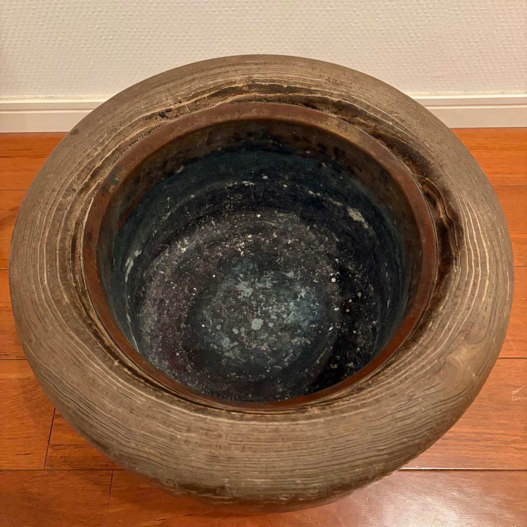 【戦前・稀少】京美尚社扱い 桐製 丸火鉢（銅落とし・五徳・木箱付）骨董品