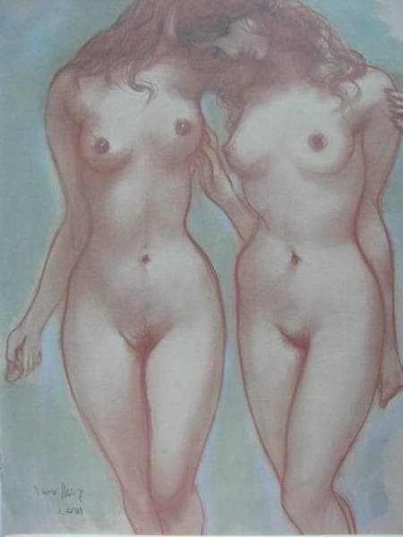 古沢岩美、二人、希少大判画集画、新品額装付、状態良好