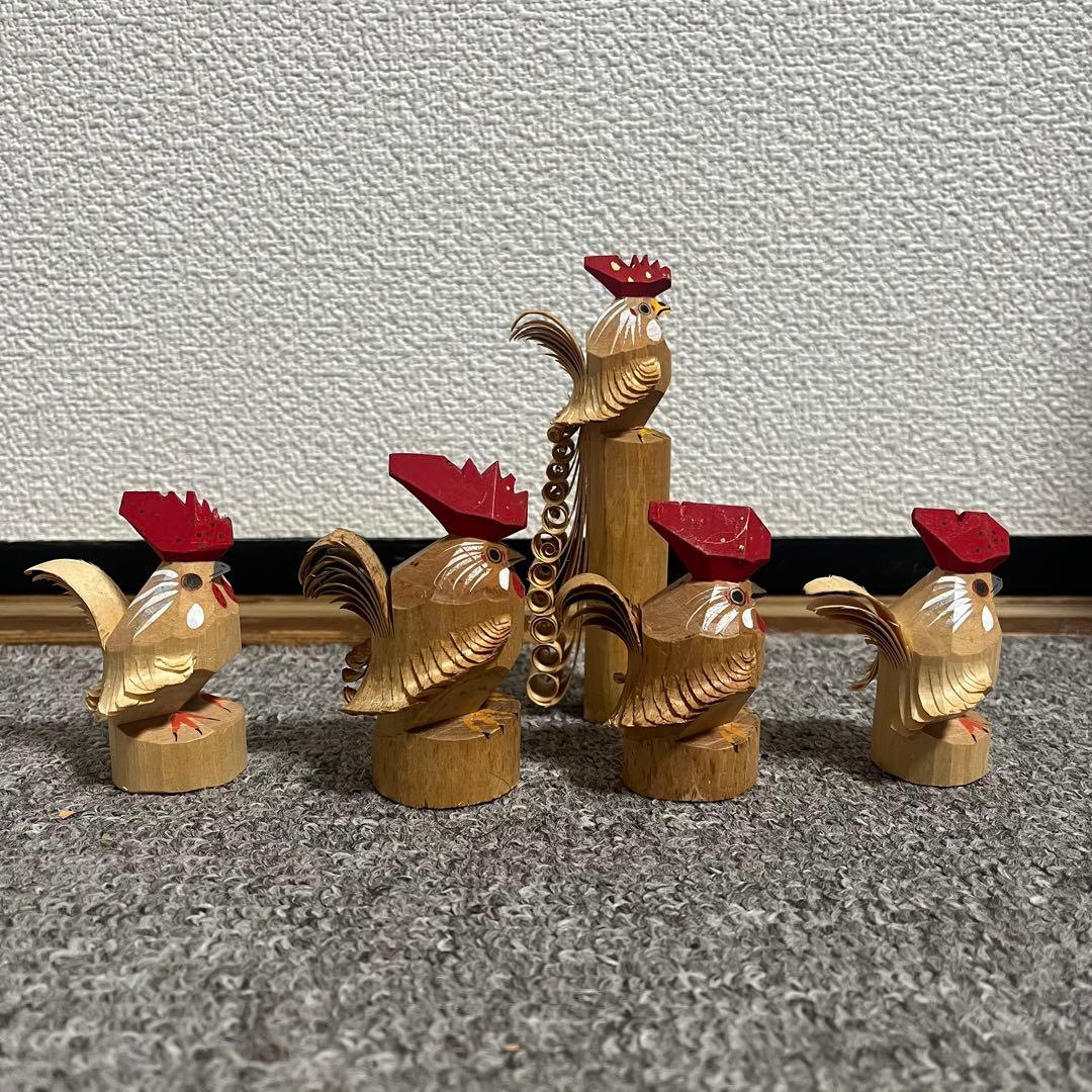 郷土玩具　笹野一刀彫　お鷹ぽっぽ　尾長鶏ポッポ 鷹の彫刻鶏の彫刻　９点セット