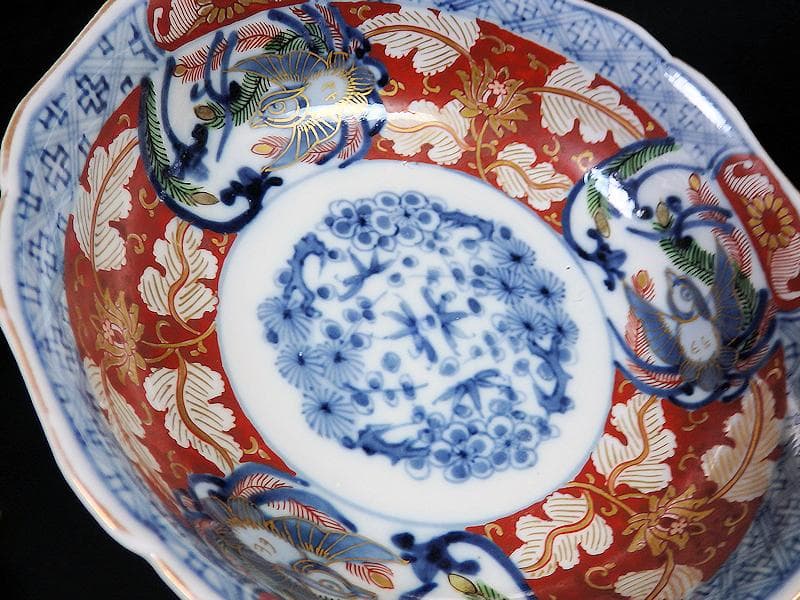 大聖寺伊万里　金襴手　花に福良雀の図　膾皿　５客　B267AS-BGl