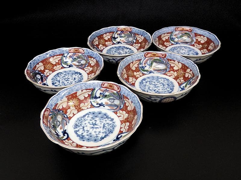 大聖寺伊万里　金襴手　花に福良雀の図　膾皿　５客　B267AS-BGl