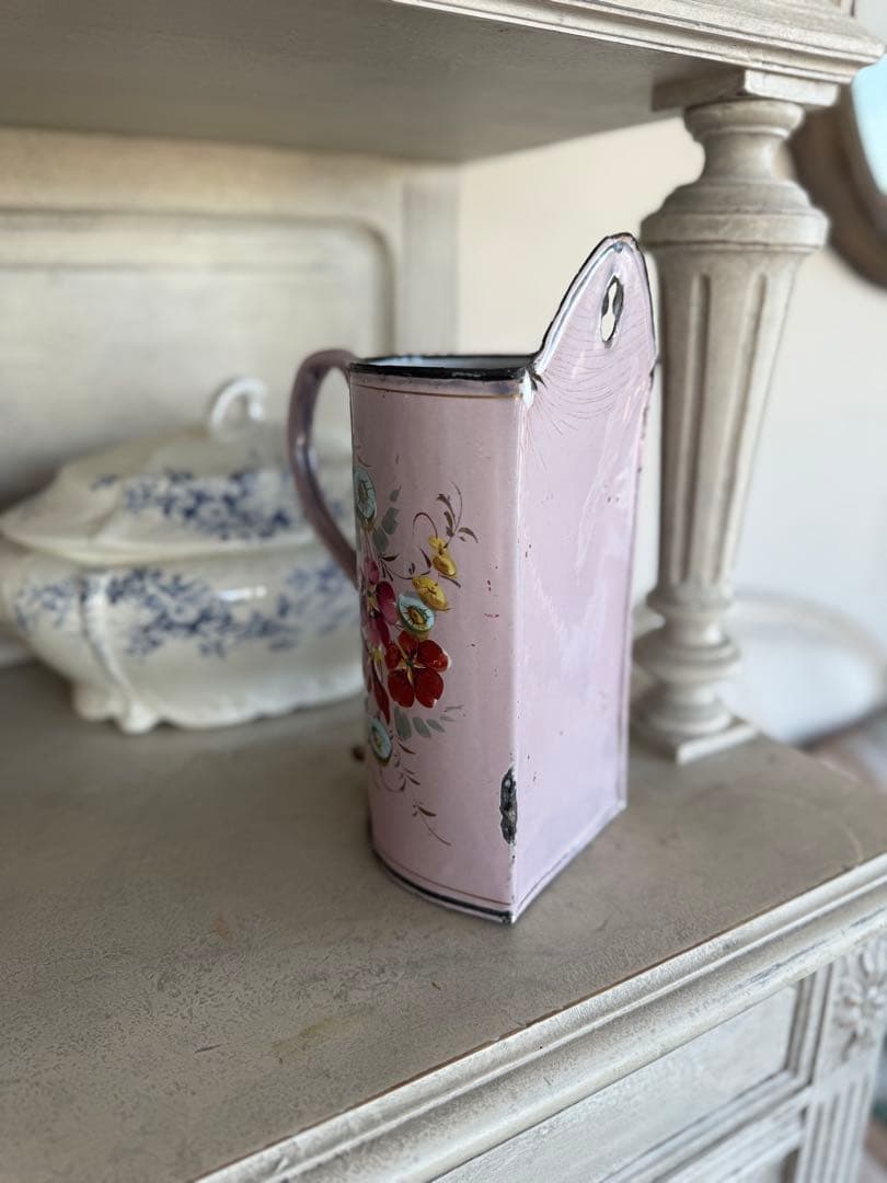 フランスアンティーク激レアピンクの小鳥とお花のハンドペイントホーローイリゲーター