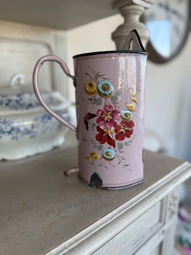 フランスアンティーク激レアピンクの小鳥とお花のハンドペイントホーローイリゲーター