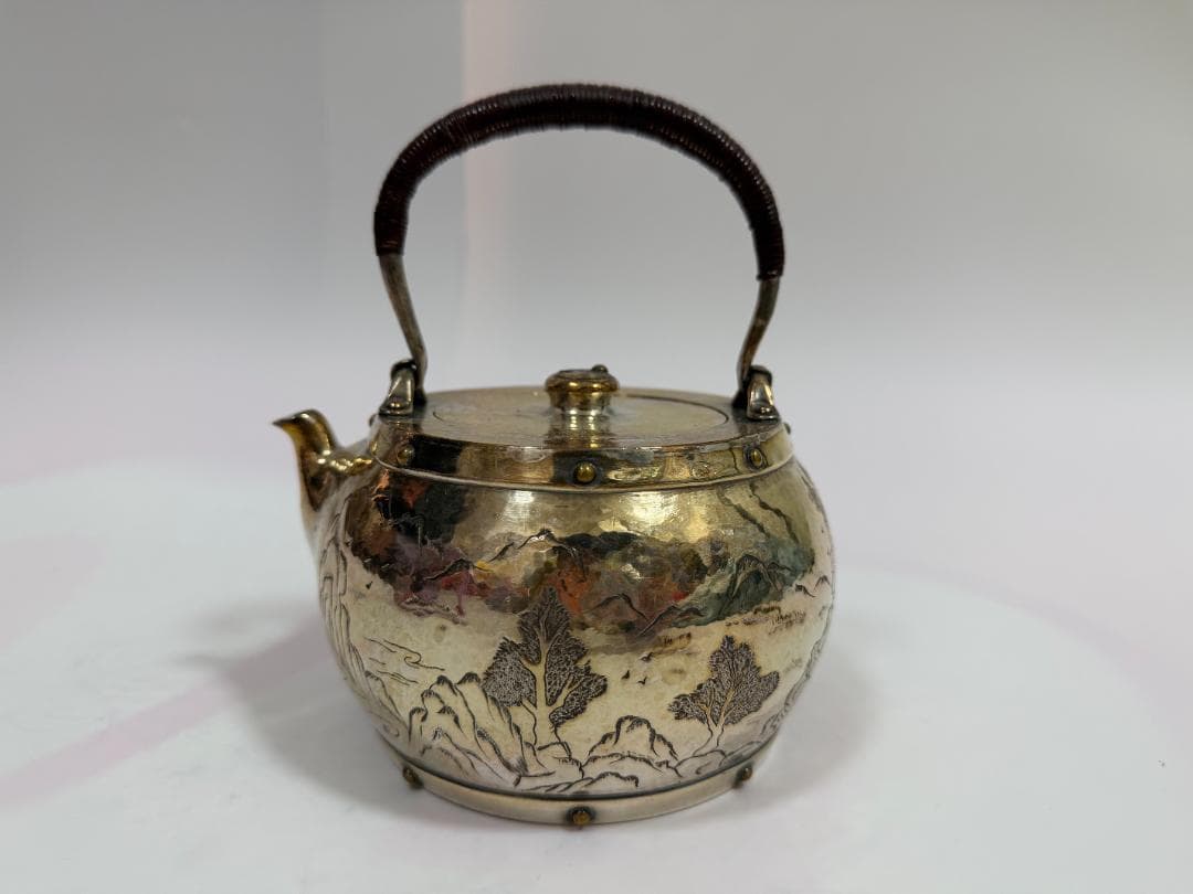 純銀製 山水図彫 象嵌 湯沸 銀瓶 煎茶道具