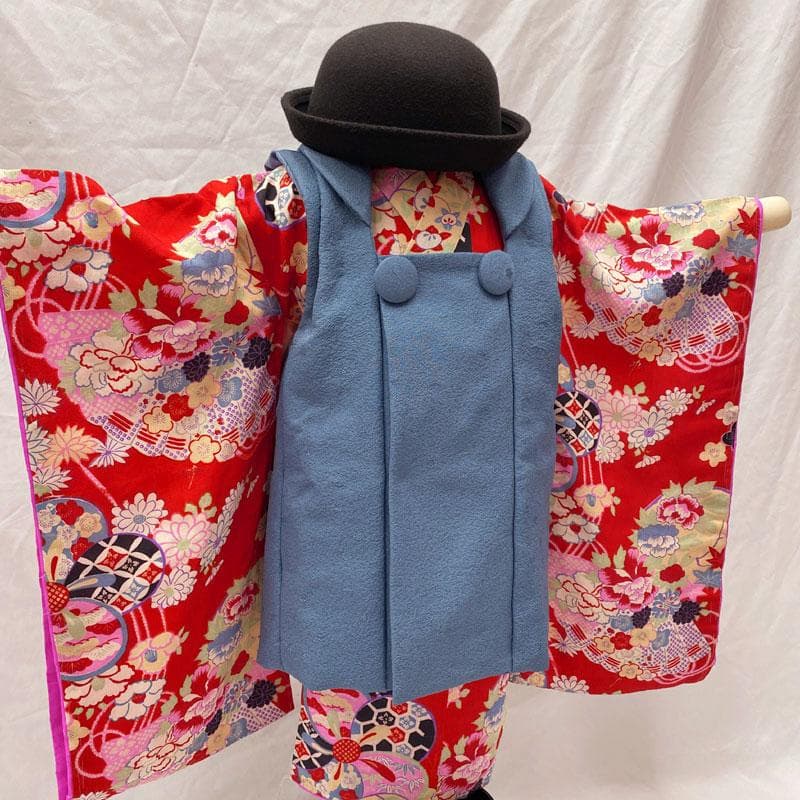 508ag78◎七五三 三歳 女の子 アンティーク着物&被布 レトロ 扇 赤◎
