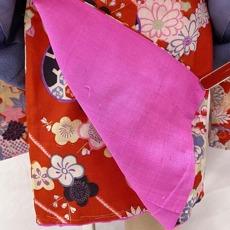 508ag78◎七五三 三歳 女の子 アンティーク着物&被布 レトロ 扇 赤◎