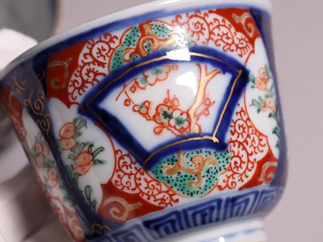 【CM125】古伊万里 扇面 色絵向付 五客 猪口 小鉢 扇面 草花 唐草 錦