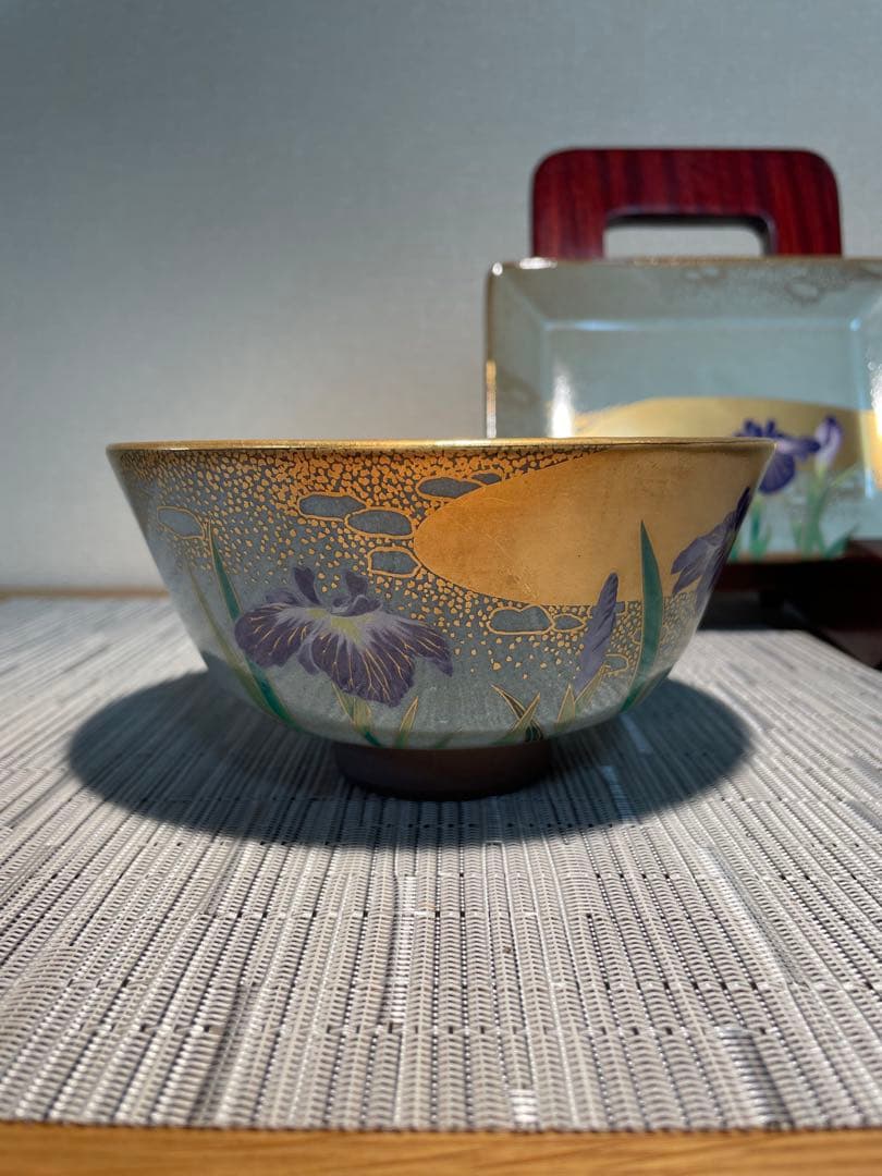 130桑野むつ子 京都 御所の花十二ヶ月 【6月花菖蒲】抹茶椀・和陶皿　しおり付