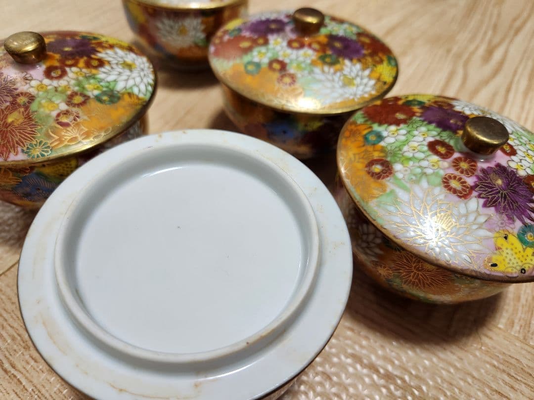 九谷焼 九谷光峰 花詰/菊詰 金彩 茶器揃 5客 湯呑茶碗/急須 食器