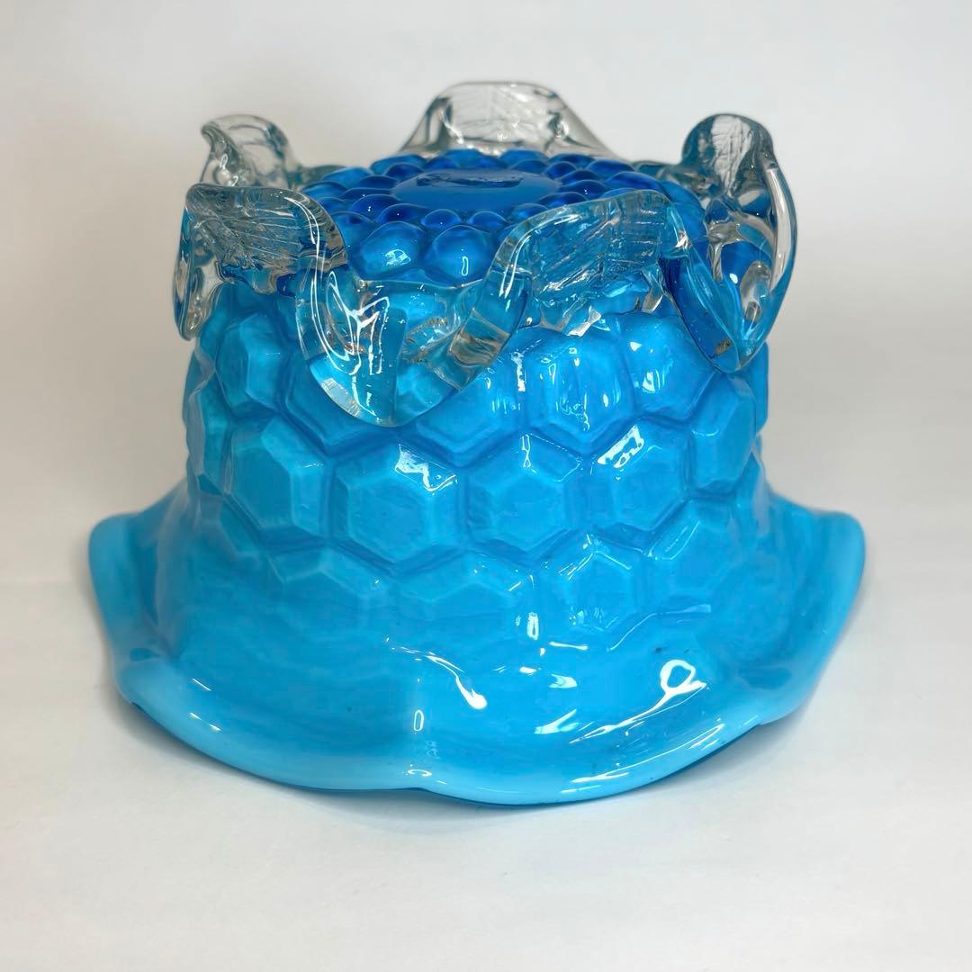 昔ガラス　アンティーク　花縁　フリル　亀甲紋様　ガラス　コンポート　ブルー