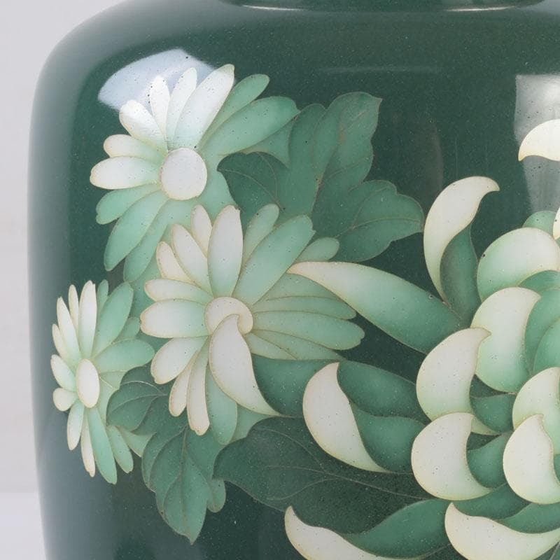 七宝焼　相互七宝謹製　緑釉　花文　花瓶　唐木台付　共箱　V　9837A