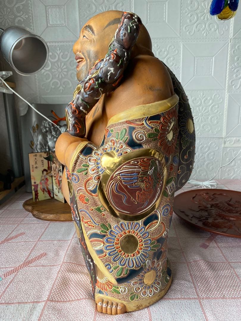 九谷焼 布袋尊 金彩 色絵 布袋像 特大約45cm 美品陶器製 骨董品七福神