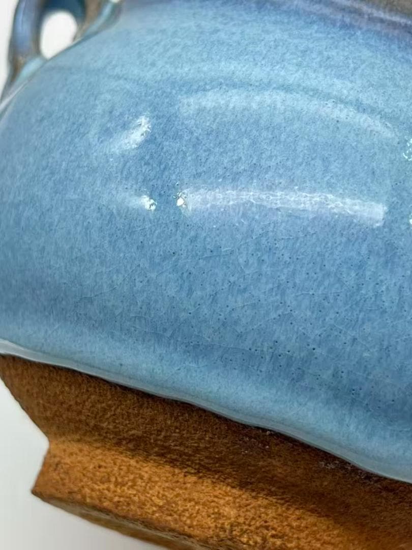 明时代 鈞窯青磁 澱青月白釉紫斑 双糸耳香炉 水丞 【旧家蔵出し】(A-106)