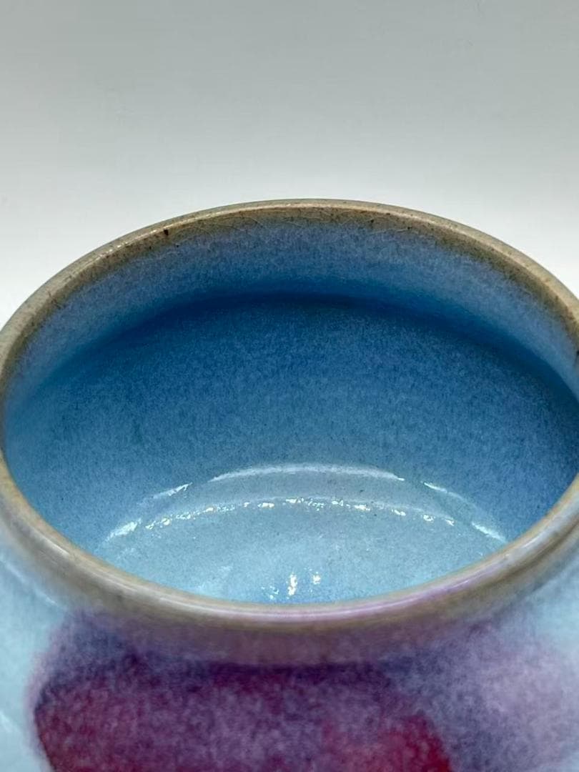 明时代 鈞窯青磁 澱青月白釉紫斑 双糸耳香炉 水丞 【旧家蔵出し】(A-106)