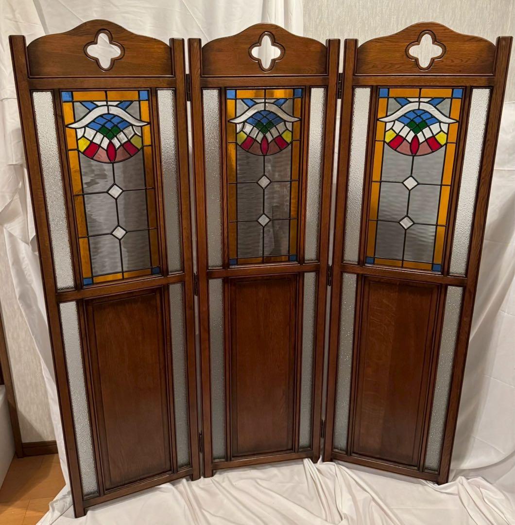 木製　ステンドグラス　パーテーション アンティーク　3連