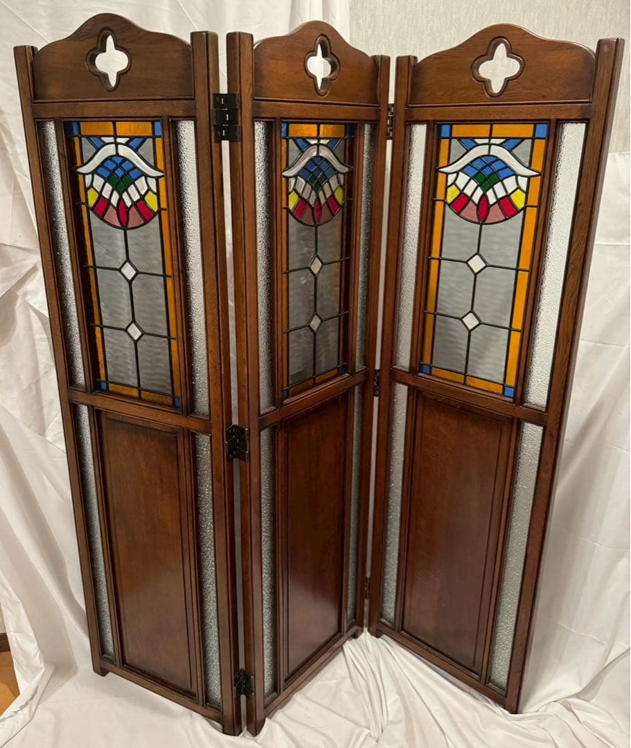 木製　ステンドグラス　パーテーション アンティーク　3連