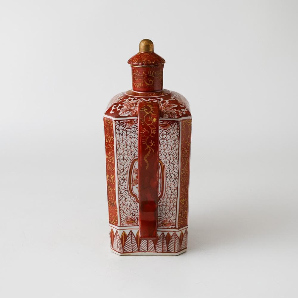 時代年代物 九谷焼 赤絵金彩 唐草 花鳥 楼閣図 水注