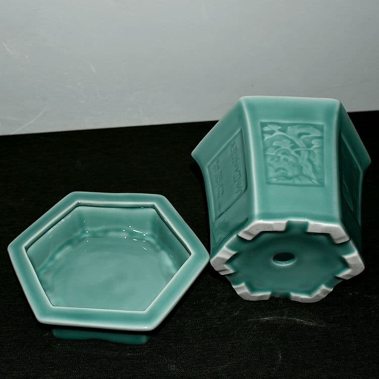 龍泉青磁六角鉢 盆栽鉢 青磁鉢 山野草鉢 多肉植物 植木鉢 小品大品盆栽鉢 置物