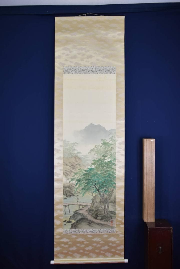 【真作】梶野玄山/春渓釣り人図/掛軸☆宝船☆AB-291