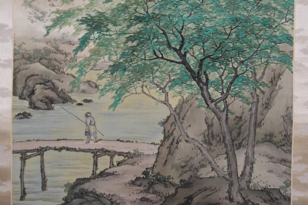 【真作】梶野玄山/春渓釣り人図/掛軸☆宝船☆AB-291